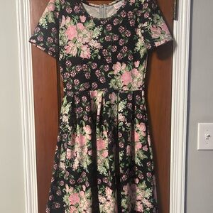 LulaRoe Amelia Pleated Floral Print Dress with Unicorn Pockets